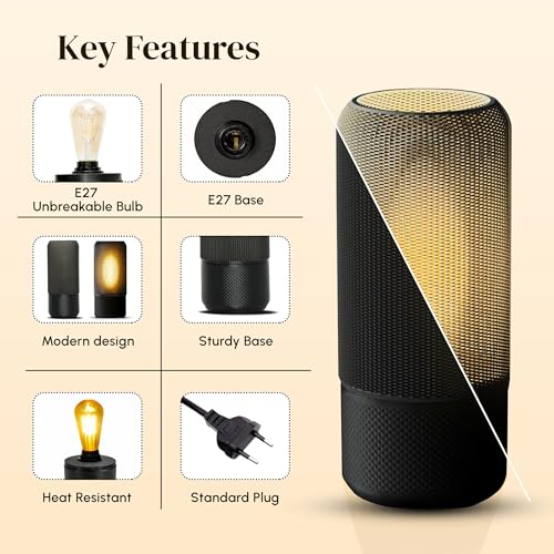 Image of Modern Ambient Table Lamp /Stylish Bedside Desk Lamp /Gentle Warm Glow & Energy-Efficient Lighting /Perfect for Side Table /Bedroom /Living Room /Home Decor /Study & Office - (Black)