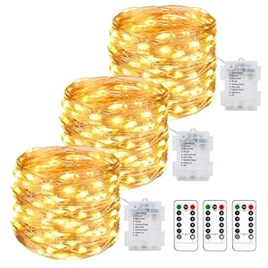 litogo 3 Stück LED Lichterkette Batterie mit Fernbedienung,10M 100 LED Lichterkette Akku mit Timer 8 Modi IP65 Wasserdichte Lichterketten Außen Draht für Weihnachten Innen Aussen Deko, Warmweiß
