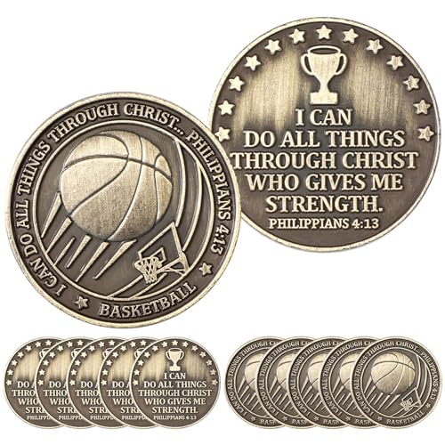 Hinly 12pcs Christian Sport Coin for Young Athlete I Can Do All Things Through Christ Who Gives Me Strength Bulk Gift for Player Challenge Team Gold Coin Philippians 4:13(Basketball)