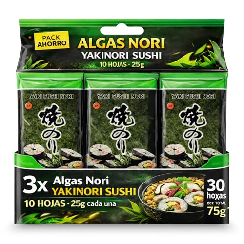 Alga Nori Yakinori, son ideales para enrollar el sushi, temaki y onigiri, Las hojas de alta calidad tienen un color vibrante y textura crujiente Grado Gold, Contiene 3 paquete de 10 hojas, 75 gr total