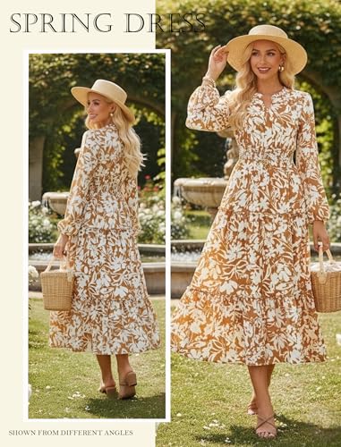Image of GRACE KARIN Women's Floral Maxi Dress 2026 Fall Long Sleeve V Neck Empire Waist A Line Flowy Dress with Pocket