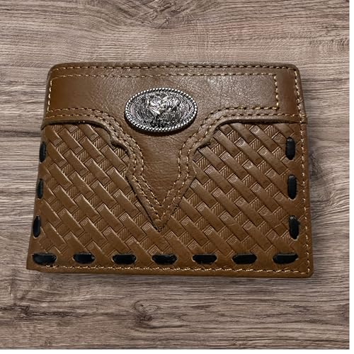 Western Long Leather Wallet for Men – Basketweave Tooled with Stitched Inlay and Rooster Concho – Rodeo Style Bifold Wallet2