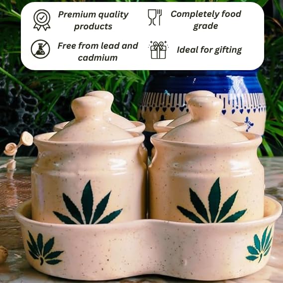 Image of Niyara Multipurpose Storage Ceramic Pickle set Jars with Lid & tray (Set of 4, 300 ml) (Hemp)