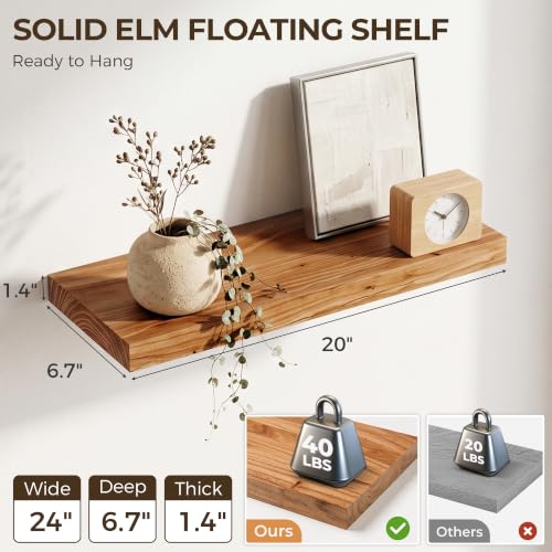 Image of Elm Floating Shelves for Wall - 20 in Rustic Solid Wood Shelves with Heavy-Duty Invisible Bracket, Wall-Mounted Wooden Shelf for Living Room, Bathroom, Kitchen Storage & Display, Set of 2, Natural