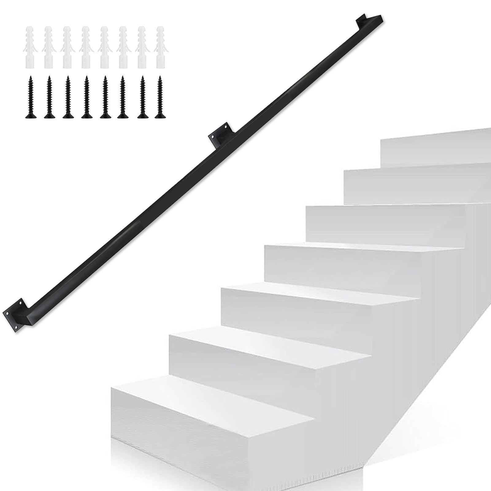 Schwarzes Metall-Vierkantrohr für Treppenhaus, Sicherheitshandlauf mit Wandhalterungen und Metallschrauben, Treppenhaus, externes Geländer-Set, 280 cm Handläufe