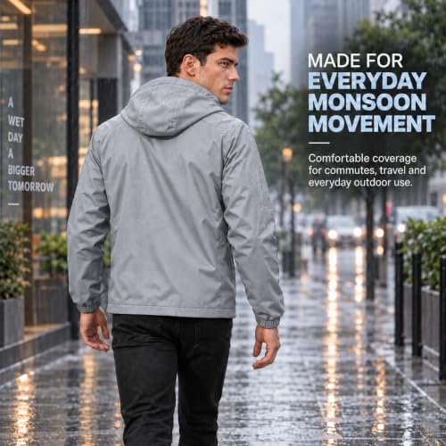 Image of MIA FASHION Men's Hooded Waterproof Rain Jacket Lightweight Wind Resistant Jacket with Zipper Pockets for Bike Riding, Travel & Outdoor Use