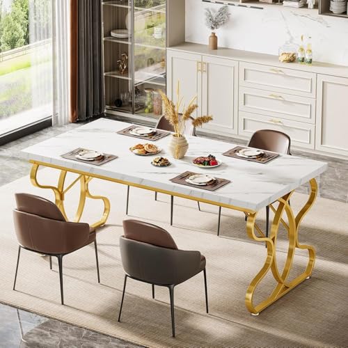 Tribesigns 63-Inch Dining Table for 4-6 People, Rectangular Modern Kitchen Dinner Table for Dining Room, White Faux Marble and Gold