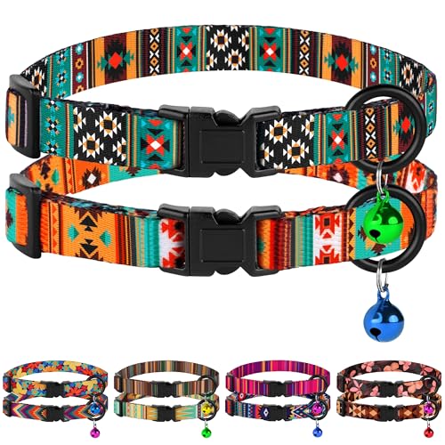 Cat Collars 2 Pack - Soft Cute Breakaway Collar with Bell Adjustable Safety Kitten Collars for Girl & Boy Cats Comfortable Stylish Patterned Print Lightweight (Tribal + Southwest)