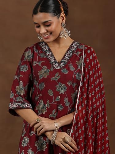 Image of Libas Womens Printed Silk Blend Straight Kurta With Trousers and Dupatta | daily wear suit