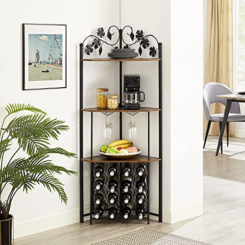 Vecelo 3-Tier Corner Wine Rack Freestanding Floor With Glass Holder, 16 Bottles, Wooden Home Liquor Bar Cabinet Storage Display Shelf For Kitchen Dining Room, Rustic Brown #TOP7