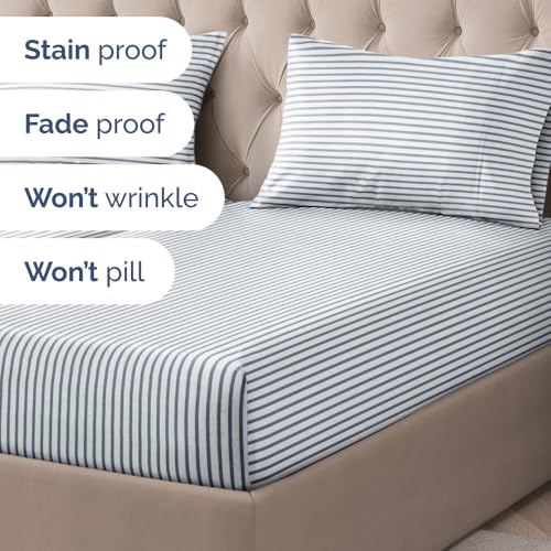 Image of Split King 5 Piece Striped Sheet Set - Breathable & Cooling - Ocean Stripe