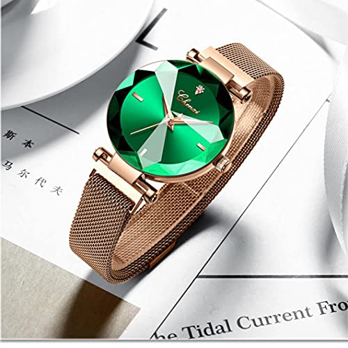 Senrud Women's Watches Fashion Shine Crystal Cutting Mirror Wrist Watch Rose Gold Stainless Steel Mesh Band Waterproof Analog Quartz Watches (A Green) #TOP3