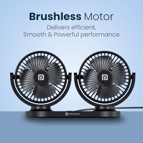 Image of Portronics Twin Cool Dual Head Portable USB Powered Fan With 360 Rotatable Head, 3 Speed Control, Ultra Silent Operation, Brushless Motor, Suitable For 12 /24V Car,SUV,Bus,Desk,Home Fan(Black)