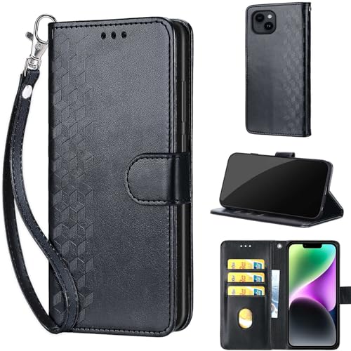 Étui portefeuille iPhone 15 housse à rabat en cuir synthétique avec fentes cartes et support