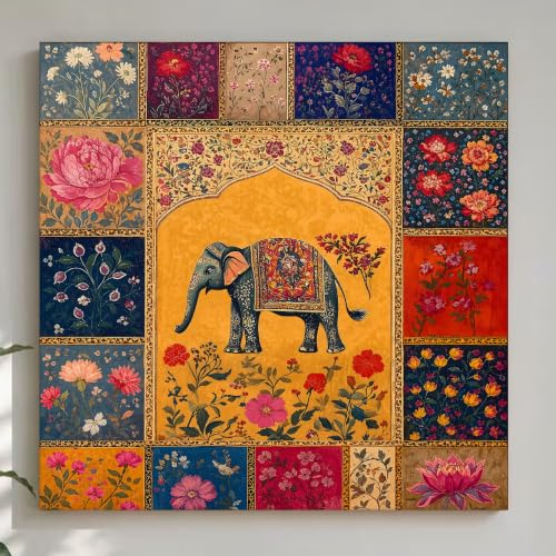Image of PAINTINGMANTRA Elephant Vastu Madhubani Canvas Wall Painting for Living Room | Ethnic Indian Elephant Wall Art for Home Decor | Office Size : 22x22 inch Gallary Wraped