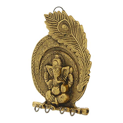 Image of eCraftIndia Golden Metal Lord Ganesha & Peacock Feather Decorative Key Holder for Wall with 4 Key Hooks | Wall Key Holder for Home Decor | Gift for Diwali Housewarming | Diwali Gift for Family Friend