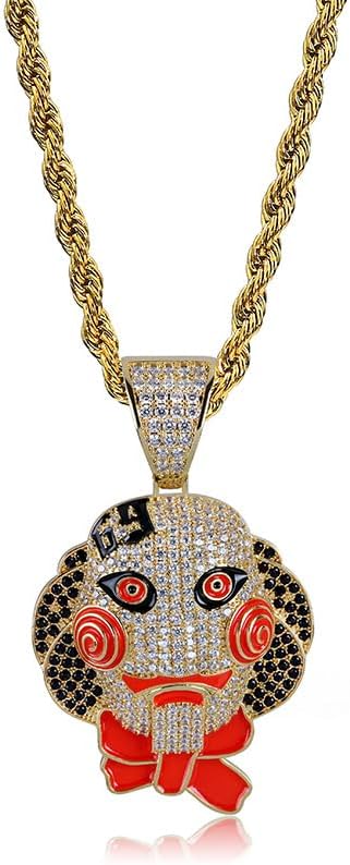 Horror Clown Pendant Hip-Hop Rhinestone Bling Chain 69 Cosplay Necklace with 23.6-Inch Stainless Steel Rope Chain