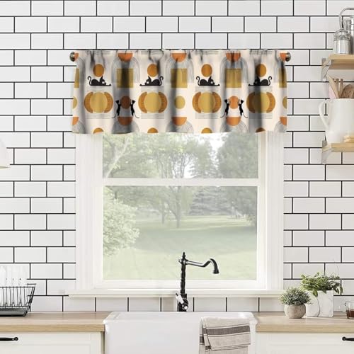 Image of Mid Century Moon Sun Cat Window Valance Curtain, Abstract Geometric Shapes Bohemian Modern Design Window Treatment Valances for Kitchen Living Room Cafe Decor 54'x18', 1 Panel