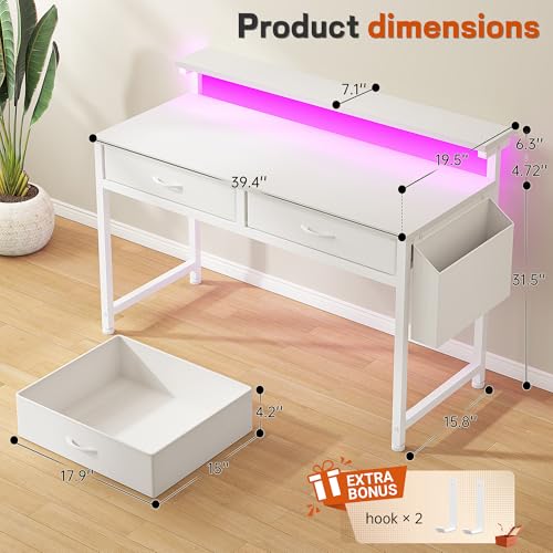 Image of DurayLoly Computer Desk with 2 Drawers & LED Lights,39.4 Inch Home Office Desks with Side Pocket and Monitor Stand,Study Writing Table for Small Spaces,White