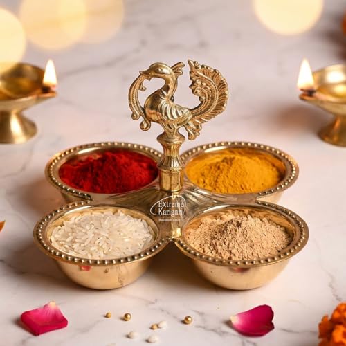 Image of Brass Kankavati Haldi Kumkum Container | Traditional Pooja Sindoor, Chawal Holder | Peacock Design 4 Bowl Pooja Accessory for Festivals, Gifting & Home Mandir (Brass Polished, Large)