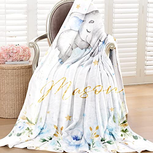 Image of Elephant Baby Blanket Personalized Blanket with Name for Boy Custom Blanket