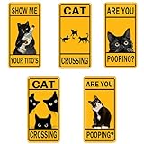 WOSTOD Vintage Cat Metal Signs, Are You Pooping, Cat Crossing Cat Gift for Cat Lover Gifts Funny Cat Gifts for Home Decoration 5X10 Inches 5Pcs