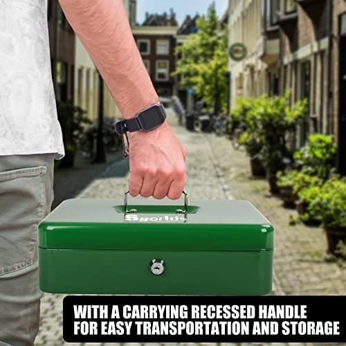 Sgorlds Cash Box Metal Money Box With Tray & Key Lock,Tiered Locking Cash Boxes,Durable Lock Safe Box With Key,4 Bill / 5 Coin Slots,Large 11.8L X 9.5W X 3.5H Inches (Key, Dark Green) #TOP3