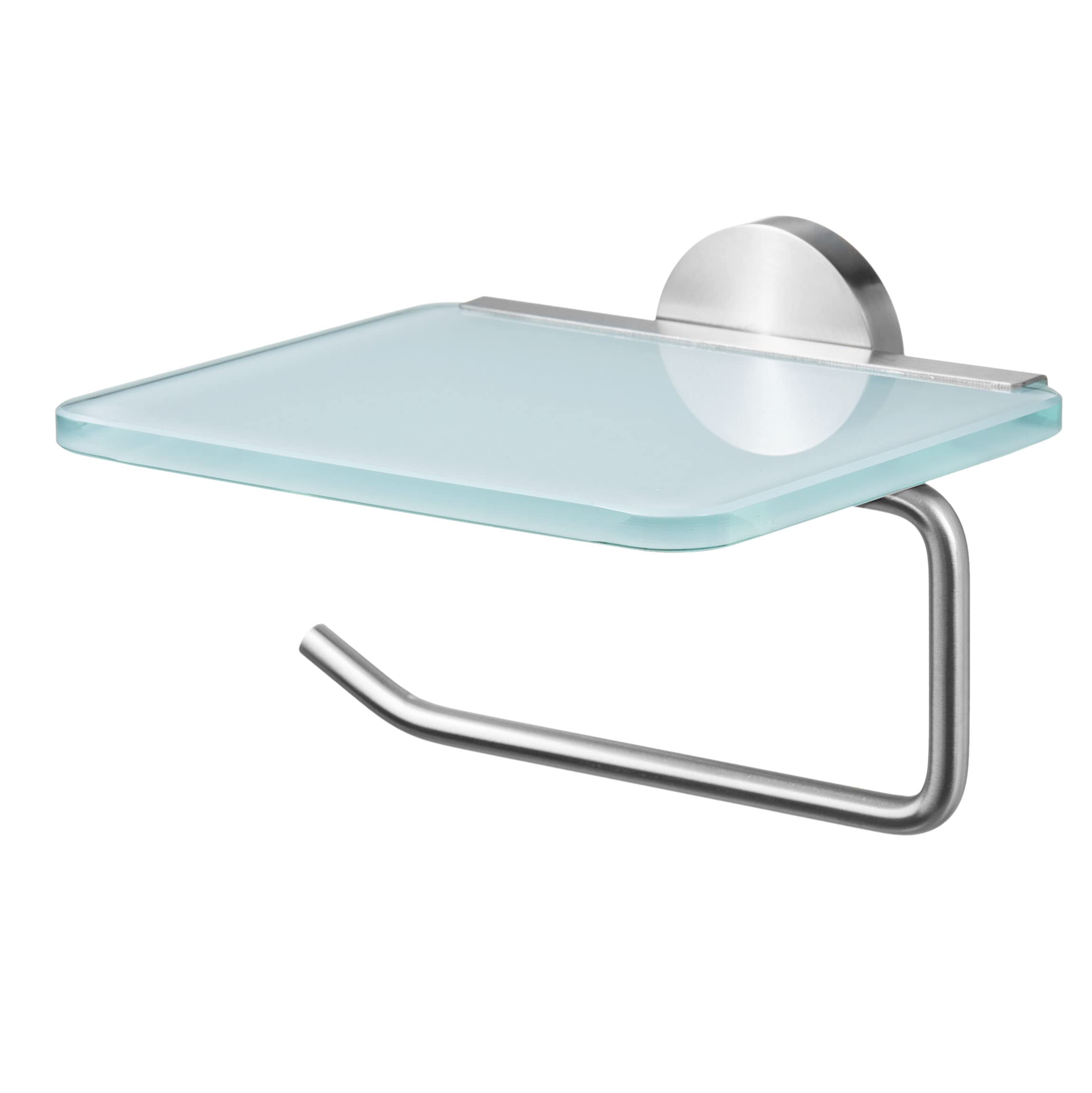 AMARELuxury Toilet Roll Holder with Glass Shelf, 13.8 x 16 x 11.5 cm, Stainless Steel, Silver