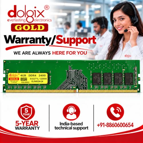Image of Dolgix Gold 4GB DDR4 RAM 2400MHz Desktop Memory CL-17 U-DIMM Long-DIMM PC4-19200 1Rx8 Single Rank 5-Year Warranty (Made in India)