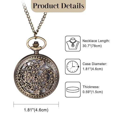 Image of JewelryWe Bronze Flower Pocket Watch: Retro Vintage Pendant Watch with Openwork Cover and 32.3 Inch Chain - for Men Women Daily Wear and Gift Giving