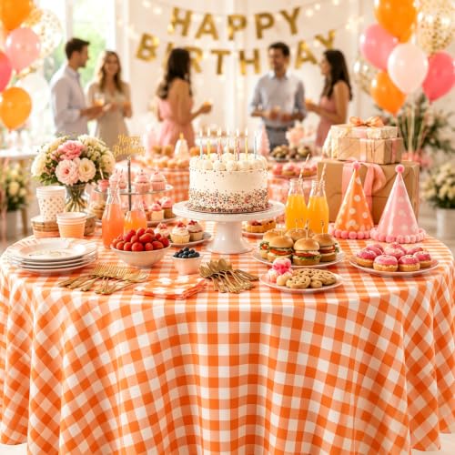 Image of WNINK 4 Pack Orange Gingham Round Tablecloth, 84 Inch Disposable Plastic Table Covers, Orange Checkered Round Table Cover for Birthday Parties, Holiday, Picnic, BBQ, Family Gathering Party Supplies
