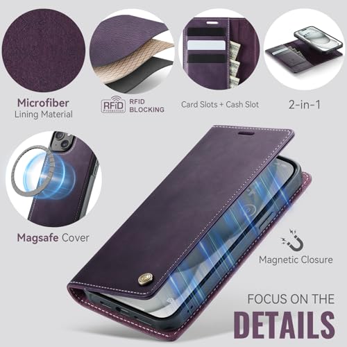 Image of Wallet Case for iPhone 13 Compatible with Magsafe, 2-in-1 PU Leather Flip RFID Blocking Card Holder Stand Shockproof Magnetic Detachable Cover for iPhone 13 Case 6.1 inch, Retro Purple
