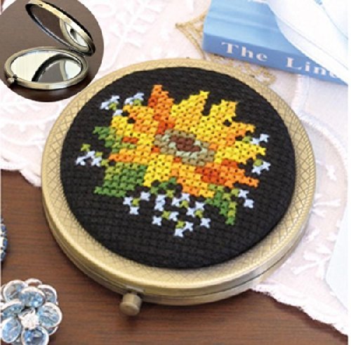 Miroir compact broderie tournesol Orimupasu, artisanat d'art