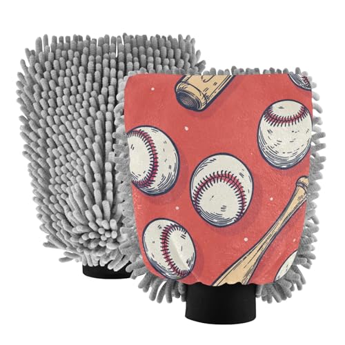 ALAZA Baseball Bat Vintage Car Wash Mitt Scratch Free, 2 Pack Absorbent Microfiber/Chenille Washing & Drying Mitts, M
