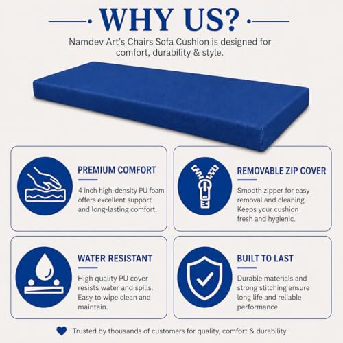 Image of Namdev Art's Chairs Sofa Cushion Pu Foam with Zip Cover 4 Inch Thickness, 3-Seater Sofa Foam Seat for Home (Blue, 60x18)