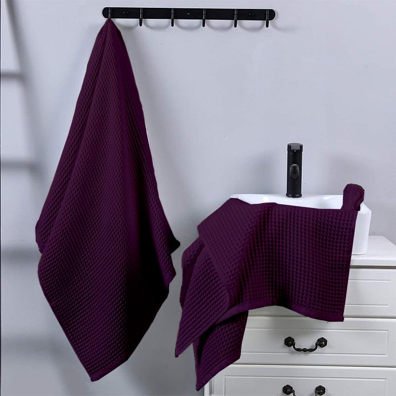 Image of Pure Cotton Waffle Towel | Lightweight | Anti Microbial and Water Absorbent | Soft Touch Quick Drying Hand Towels (Wine, Pack of 4)
