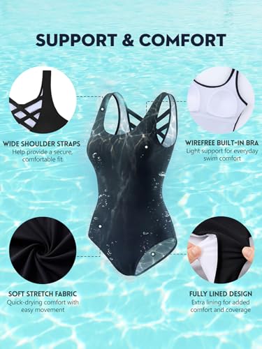 Image of Athletic Swimsuits for Women Training One Pice Bathing Suits Modest Tummy Control Swimwear Black L