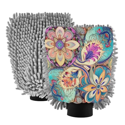 Flradish 2 Pack Ethnic Print Car Wash Mitt Chenille Microfiber Lint-Free Scratch Free Ultra-Soft Absorbent Car Wash Mitt 11.8x8.07 Inch