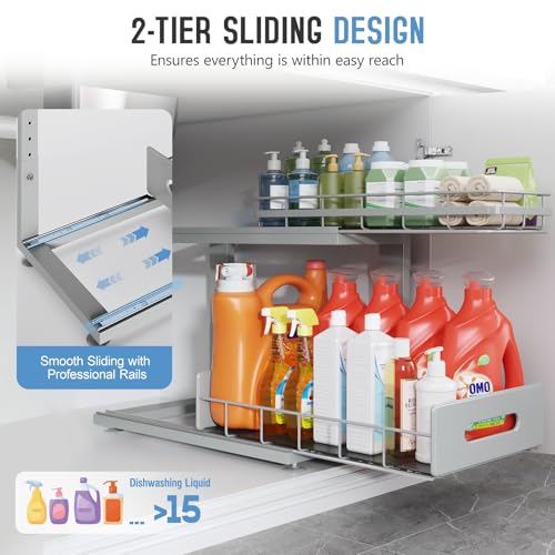 Image of Under Sink Organizer Upgrade To Professional Rails,2-Tier Dual Pull Out Cabinet Storage,Height Adjustable Slide Out Drawers For Bathroom Kitchen,2 Pack-18.5 inchDx12.8 inch-16.9 inchH,Gun Gray