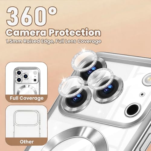 Image of Misscase for iPhone 17 Pro Max Case with Privacy Screen Protector, Built-in Lens Protector, Compatible with MagSafe, Anti-Yellowing Shockproof TPU, Bling Glitter Electroplated Cover 6.9 inch Sliver