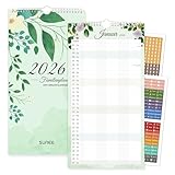 SUNEE Familienkalender 2026 5 Spalten, 12 Monate Kalender Familienplaner 2026 mit Sticker, 22,8 x 43 cm, Monatsansicht Wandkalender mit Feiertagen, Ideal für Familienorganisation