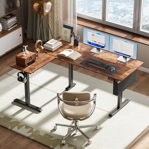 Image of Korfile L Shaped Electric Standing Desk, 63 inch Adjustable Height Sit to Stand Corner Desk with Memory Presets, Reversible Computer Table for Home Office, Work and Study, Rustic Brown