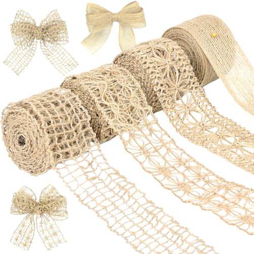 4 Rolls Burlap Ribbon 12 Yard Natural Jute Mesh Burlap Ribbon Trim Craft Ribbon for Gift Wrapping Crafts Party Decoration DIY Packaging(Khaki)