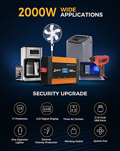 Ampeak 2000W Power Inverter 6.2A Dual USB Ports 3AC Outlets Stable Voltage Output Inverter DC 12V to AC 120V 17 Protections for Truck, Hurricane, Rv