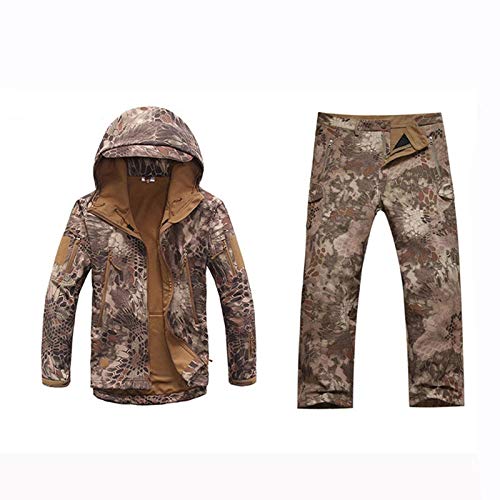 Mdsgfc Giacca Softshell Uomo Outdoor Camouflage Caccia Vestiti Tute Militare Uniforme Escursionismo Campeggio Giacca con Cappuccio + Pantaloni, Uomo, Pitone del deserto, M