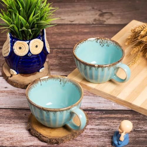 Image of Premium Handcrafted Ceramic Tea & Coffee Cup | Sky Blue Drip Glaze Mug with Handle | Reactive Glaze Finish | Ideal for Tea, Coffee & Hot Beverages | Gift Ready (Set of 2)