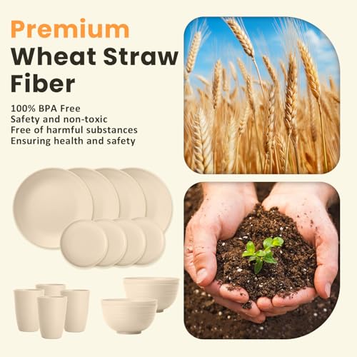 Image of Homienly Premium Wheat Straw Dinnerware Sets, Lightweight & Unbreakable Plates and Bowls Sets,Cups,Service for 4,Dishwasher and Microwave Safe 16 PCS Dish Sets for Home，Camping- Beige