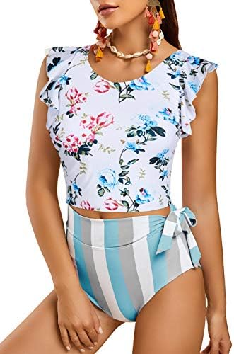 FERBIA Women Falbala Bikini Set Halter High Waisted Swimsuit 2 Piece Ruffle Tummy Control Peplum Spaghetti StrapTankini