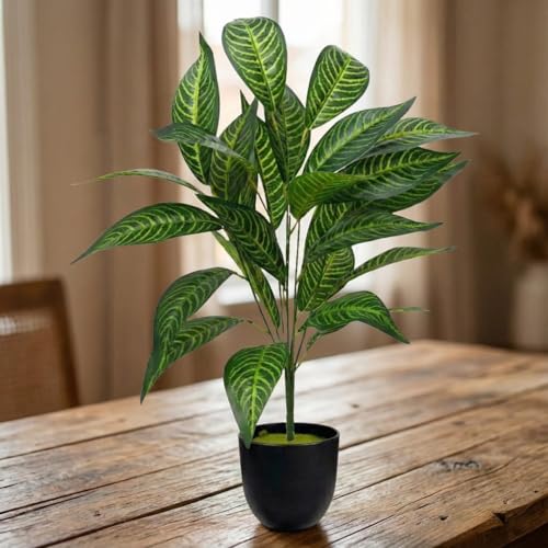 Image of Dekorly Artificial Plant Leaves Tropical Monstera Large Artificial Plants Fake Zebra Leaf Plastic Palm Tree Branch for Home Garden Decor | 26 Leaves (WithPot-Green-D, Height : 76CM)