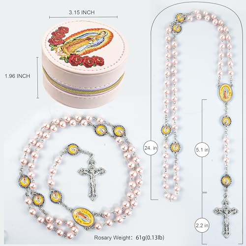 8mm Glass Pearl Catholic Rosary Necklace for Women - Our Lady of Guadalupe & Crucifix, Holy Beads with Prayer Box, Baptism & First Communion Jewelry Gift (La Rosa de Guadalupe)3